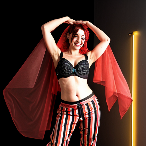 90's disney's 2d aladdin style comic black background and panels of 
panel 1 Harley Quinn with light black and red striped harem pants and bra and black and red curved slippers with both hand palms place together and hiding the bottom of her mouth with a light black and red striped veil wrapped around her arms and shoulders. 
panel 2 she danced with light black and red striped harem pants with light black and red striped bra and red and black curved slippers and with light black and red striped veil wrapped around her arms and shoulders and raising legs and bounced up and down her belly and shook her hips left and right. 
panel 3 as Harley Quinn with light black and red striped harem pants and bra and red and black curved slippers and with red and light black striped veil wrapped around her shoulders and arms and spreading her arms, happily revealing her face to the viewer and giving a smile as she shook her belly left and right. 
Panel 4 Harley Quinn with light black and red striped harem pants and bra and black and red curved slippers and with light black and red striped veil wrapped around her shoulders and arms has started to fading away , except her belly, which is bouncing around and growing. 
Panel 5 then the ball transforms into the fading in belly of Giant red haired giganta barefoot with dark yellow spotted yellow harem pants and bra and dark yellow spotted yellow veil wrapped around her arms and shoulders with her swaying her hips. 
Panel 6 red haired giganta barefoot with dark yellow spotted yellow harem pants and bra and dark yellow spotted yellow veil wrapped around her arms and shoulders then she is flexing her muscled arms.