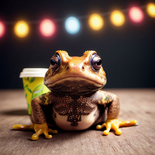 A hillarious, funny boho toad with some hippie colored coffee cups. Psychedelic decorated background.