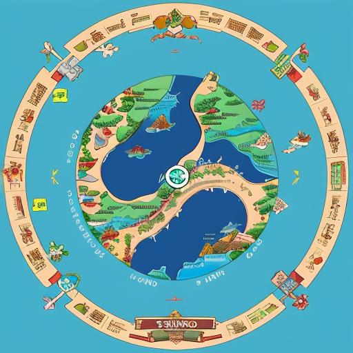 Cartographer style map of circular island that looks a bit like a dragon curled on its side with a mountain in the middle of the island that is it's spine.
