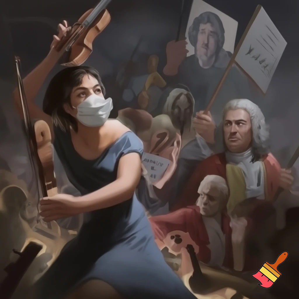 woman protesting violins with counter protesters being bach and motzart and there is people with signs fighting in the background smashing violins 