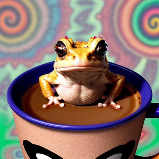 A hillarious, funny boho toad with some hippie colored coffee cups. Psychedelic decorated background.