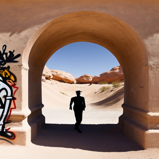 Put Graffiti in a desert arch onsisting of multiple abstract figures in Tanguy and Matisse style