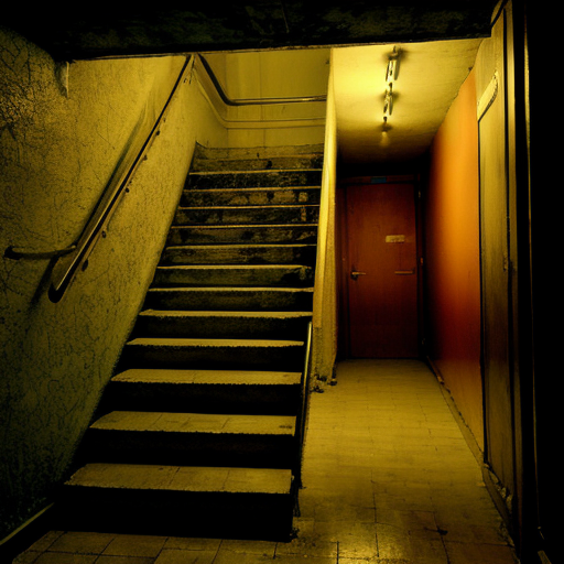 Old dimly lit apartament building stairwell post-soviet architecture 