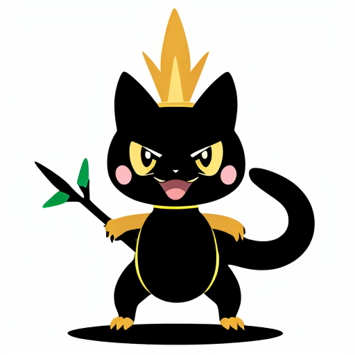 rubberhose bipedal, black, cat/weasel-like Dark/Ice-type Pokémon characterized by its sharp claws, golden yellow feathery crests, and a green forehead gem. Standing 3'07" tall, it features a red collar-like crown, two tail feathers, and green, almond-shaped eyes with dark lashes. pokemon big claws and big feet