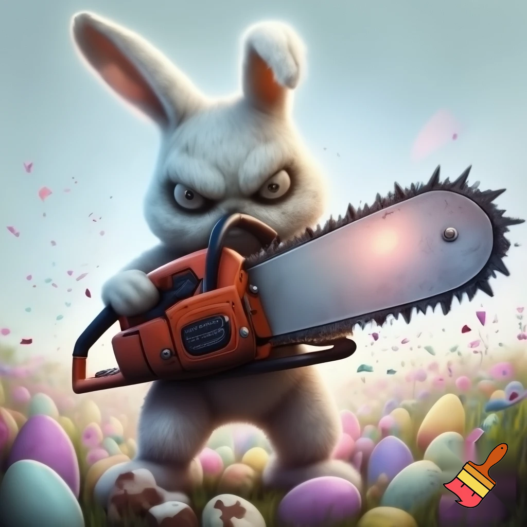Easter bunny with the top hat Easter bunny mascot costume with a chainsaw a Easter bunny