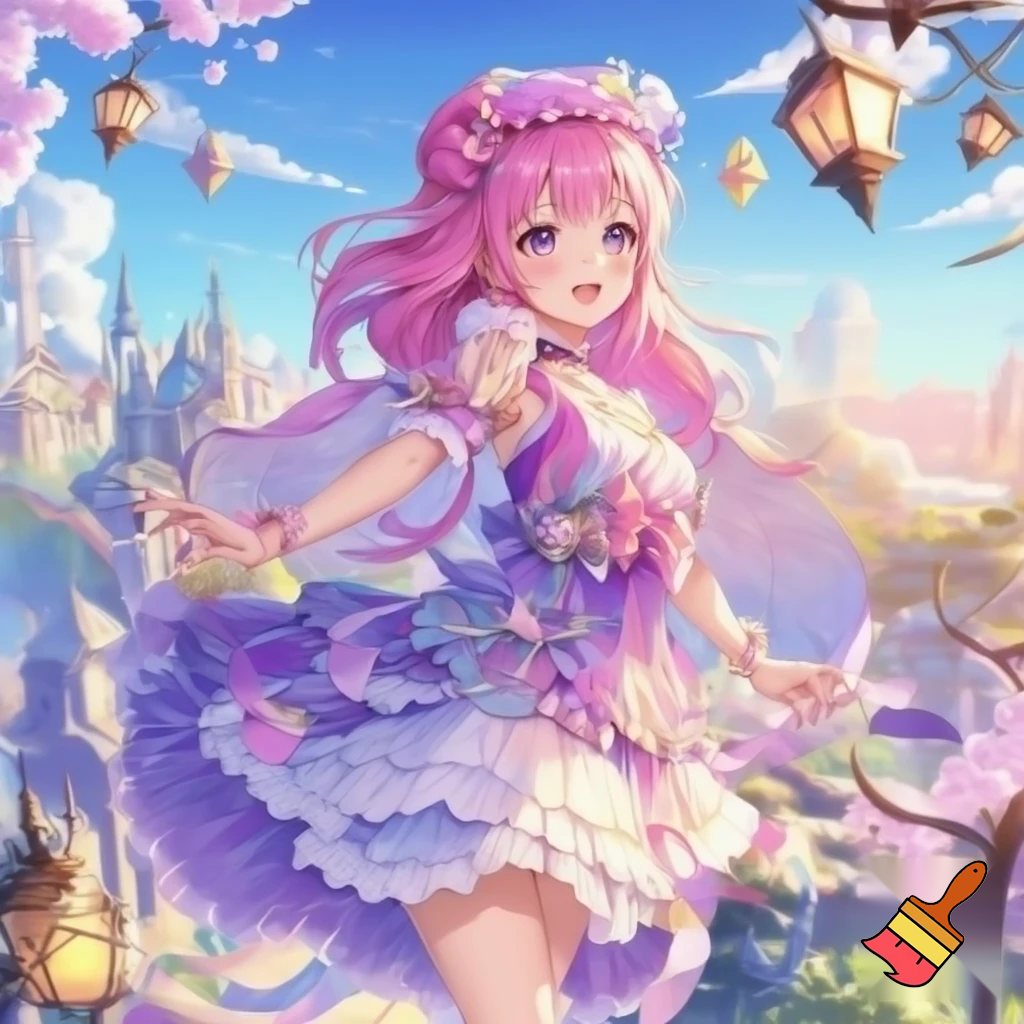 An anime girl with pink hair, wearing a cute, adorable, fantasy dress posing in a pretty landscape with the blue sky and pretty buildings and cute decor