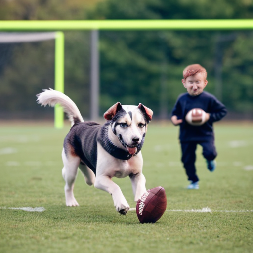 generate a picture of a cute dog playing football with other dogs