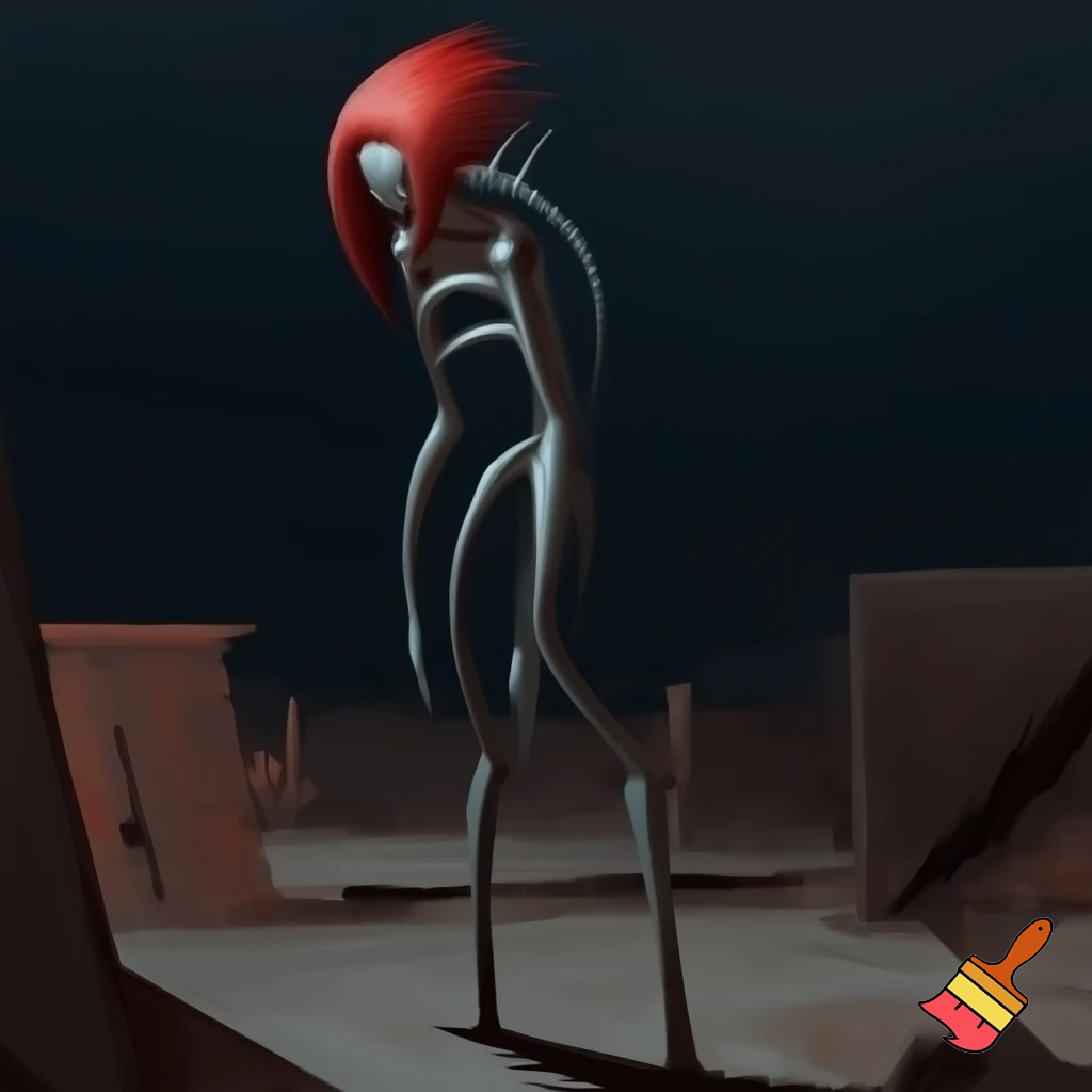 Red head, industrial art, minimalist, creature horror, machine, Dark