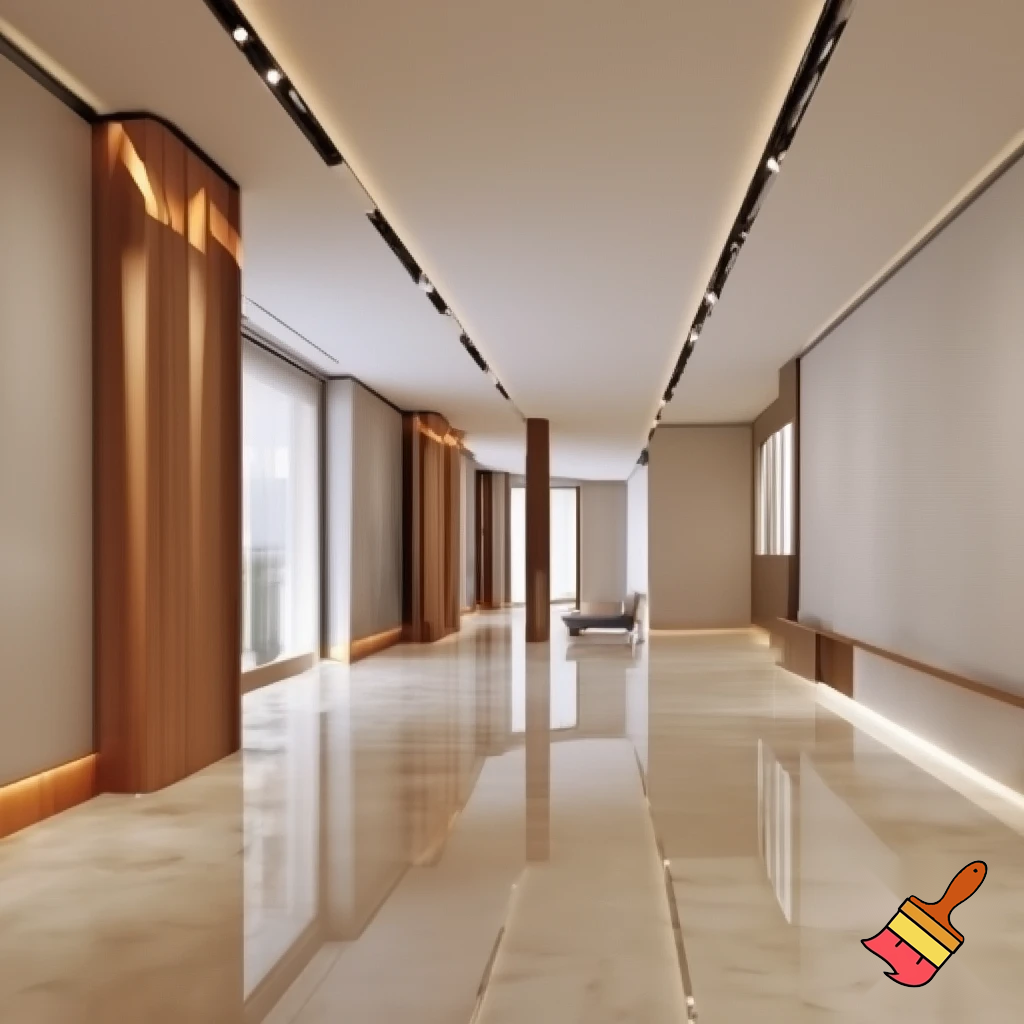 Modern rectangular exhibition hall with an elegant, minimalist design. The space features polished beige marble flooring that softly reflects light, creating a sense of luxury and spaciousness. The walls are smooth and painted in neutral tones, accented with natural wood details on columns, baseboards, and decorative panels. Warm lighting from recessed ceiling fixtures and spotlights highlights the displayed pieces. Large windows allow natural light to fill the room. Contemporary furniture with clean lines and high-quality materials creates a sophisticated, serene, and welcoming atmosphere.