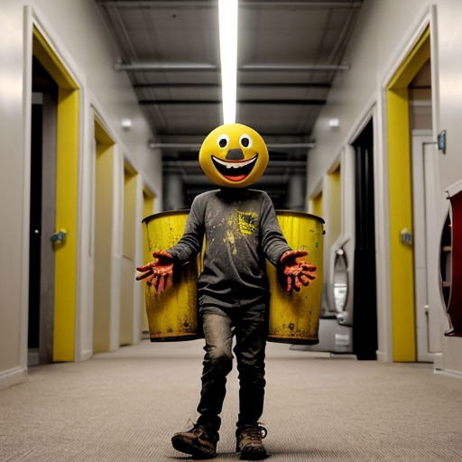 A creature with a yellow smiley ball for a head and a rusty, distressed red metal barrel body stands at the center of a corridor in the Backrooms. It has thin, wire-like arms with white gloved hands, springy legs, and worn-out shoes. The Backrooms environment features endless hallways, yellow patterned wallpaper, fluorescent ceiling lights, and a dirty, worn carpet. A cardboard box and a chair can be seen in the distance, while dust motes float in the air. The perspective is a full-body shot.