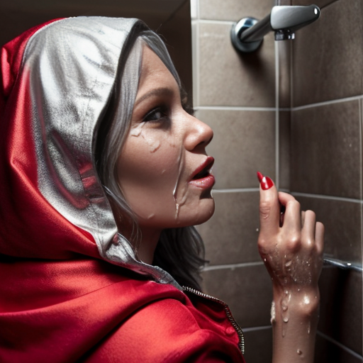 cute red riding hood, cinema, realistic, ultrarealistic, sideview, silver hair, strong makeup, 12 age, opening her hood, cameltoe, opening, wet, at shower, view from up, pullin, pulling down pnt