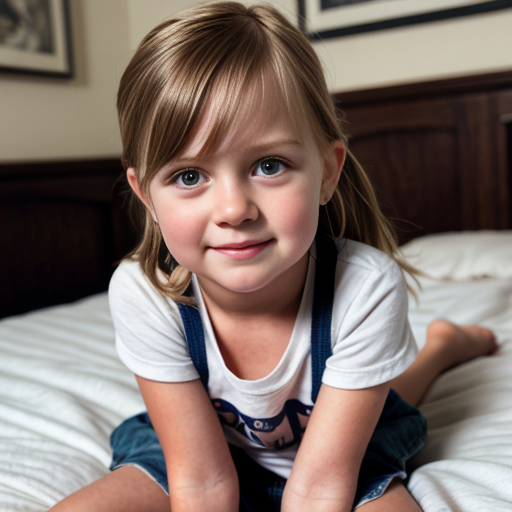 auburn little girl, sitting on bed, on the bedroom, close up