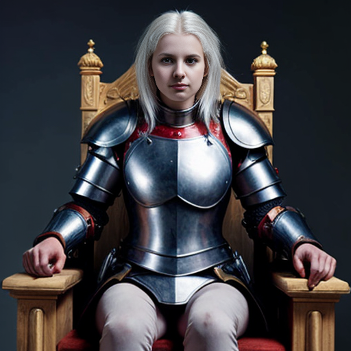 young tall white-haired woman in armor sits on a throne