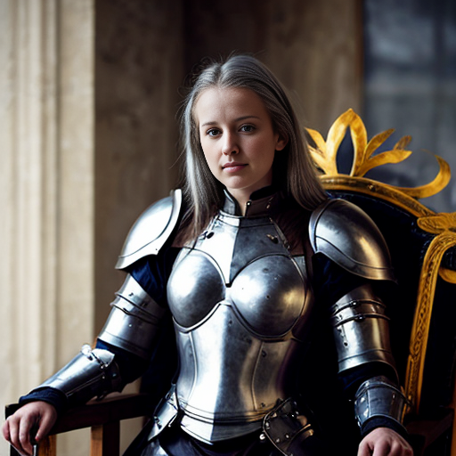 young tall white-haired woman in armor sits on a throne