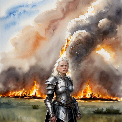 young, tall, white-haired woman in armor stands in front of a burning castle into which meteorites are falling.