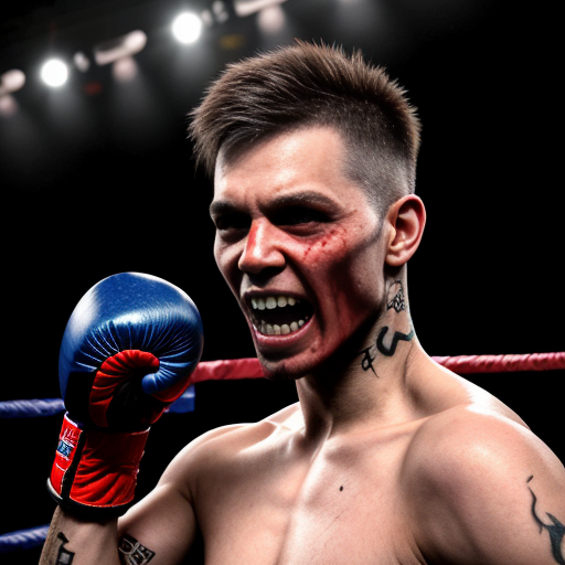 deadly dog ,sharp teeth, blood driping , face tats, nose ring ,navey bluey prisenor fit mug shot boxing gloves
