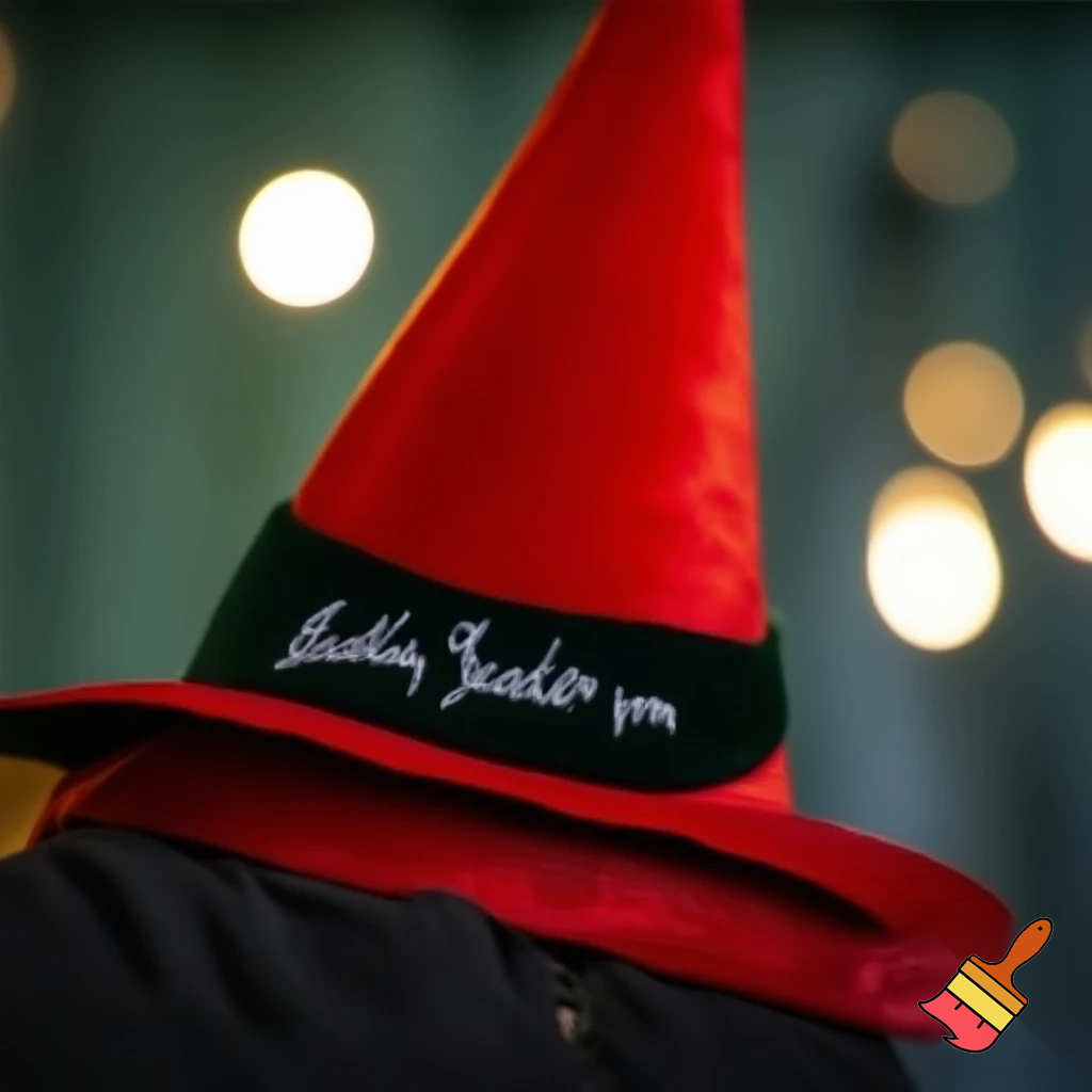 Christmas wizard hat written and velvet Bailey Tolly name on his message
