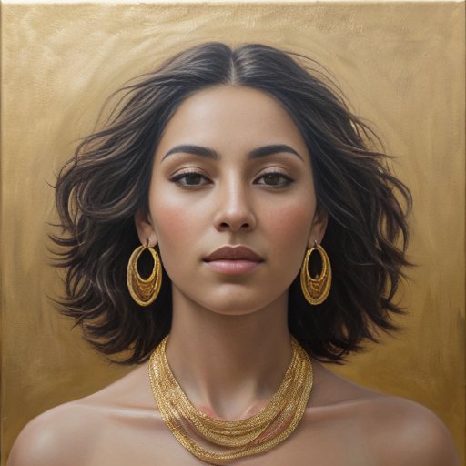 Ultra-realistic oil painting portrait of a confident young Black woman with voluminous curly dark hair accented with thick, textured gold paint strokes, wearing long gold drop earrings and an ornate multi-strand gold statement necklace with large circular pendants, dressed in a thin-strapped 
gold metallic satin-top. She has warm deep brown skin with smooth, blended oil paint brushstrokes defining her full lips, and sharp dark eyebrows, with direct eye contact toward the viewer. 
The background is a textured gold canvas with visible thick, expressive impasto brushstrokes in varying shades of warm gold and deep bronze. 
Medium close-up shot, eye-level camera angle, centered composition, soft directional side lighting creating warm specular highlights on her skin, jewelry, and hair, with soft, blended shadows that enhance the dimensionality of the paintwork. A rich, warm color palette of browns, warm gold, and amber characterizes this luxurious, high-quality artistic style in the spirit of Lee Bogle.
The pronounced impasto texture of the oil painting permeates the entire artwork. The atmosphere feels atmospheric, majestic, and elegant. High resolution, sharp detailed brushwork.  
