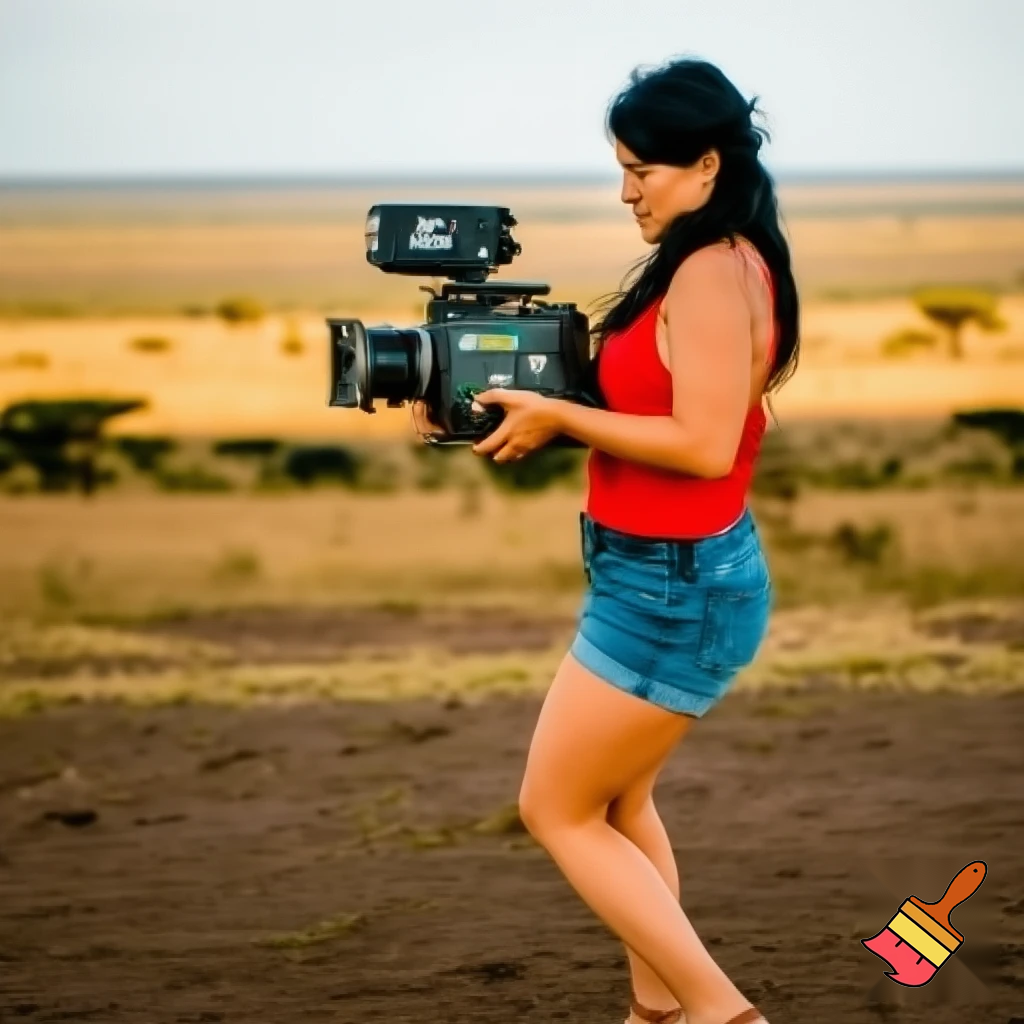 A cute and muscular black-long-and-side-swept-banged-haired fair white woman with arriflex digital camera and wearing red tank top and woman's blue short jeans and putting the sandals on her feet is filmming the plains of the Serengeti in Tanzania.