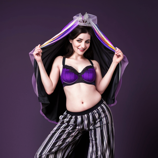 90's disney's 2d aladdin style comic dark blue background and panels of panel 1 the evil queen with purple and black striped harem pants and bra and purple curved slippers with both hand palms place together and hiding the bottom of her mouth with a purple and black striped veil wrapped around her arms and shoulders. 
panel 2 she danced with purple and black striped harem pants barefoot with purple and black striped bra and purple curved slippers and purple and black striped veil wrapped around her arms and shoulders and raising legs and bounced up and down her belly and shook her hips left and right. 
panel 3 as the evil queen  with purple and black striped harem pants and bra and purple curved slippers with purple and black striped veil wrapped around her arms and shoulders then spreading her arms, happily revealing her face to the viewer and giving a smile as she  shook her belly left and right. 
Panel 4 the evil queen  with purple and black striped harem pants and bra and veil wrapped around her shoulders and arms with purple curved slippers started to fading away , except her belly, which is bouncing around. 
Panel 5 then the ball transforms into the fading in belly of shego with rainbow striped harem pants and bra and rainbow veil wrapped around her arms and shoulders and red and pink curved slippers with her swaying her hips. 
Panel 6 shego  with rainbow harem pants and rainbow bra and rainbow veil wrapped around her arms and shoulders and with red and pink curved slippers and with her hand palms place together between her chest and she gives a smile and winking her left eye.  