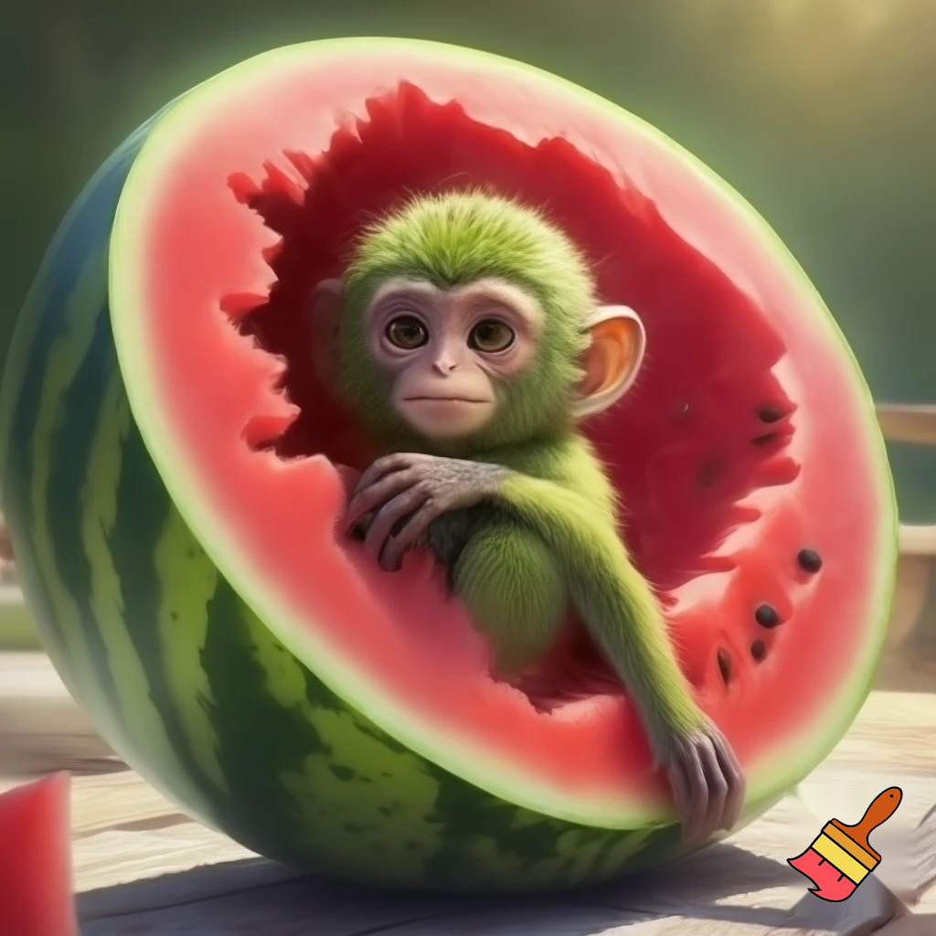 Green realistic monkey inside a watermelon
