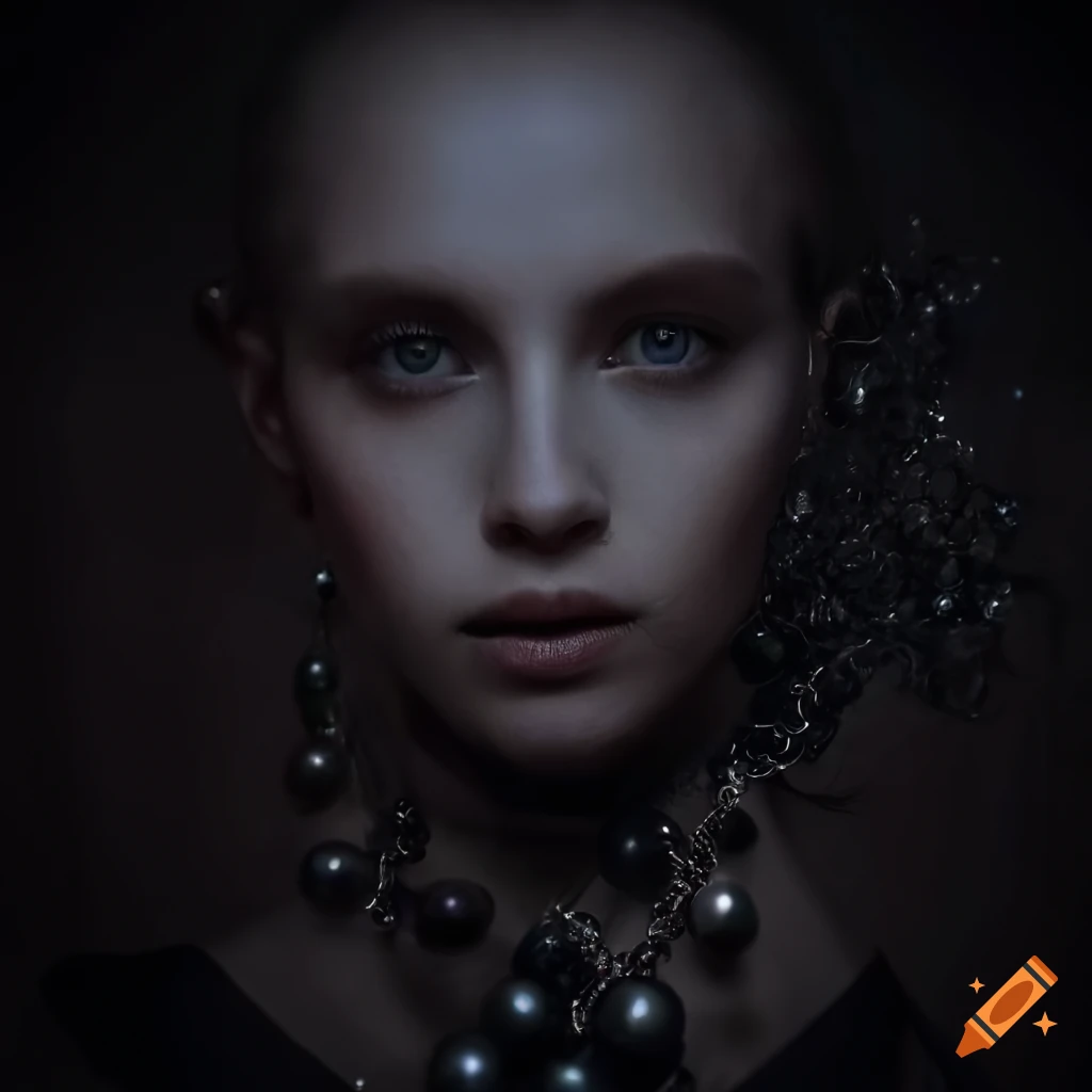 a beautiful futuristic portrait covered with wires and black pearl, necklace, detailed eyes, lots of small details, shadows, award winning, stunning, 8k, lots of small details, beautiful, stunning, highly detailed, intricate details