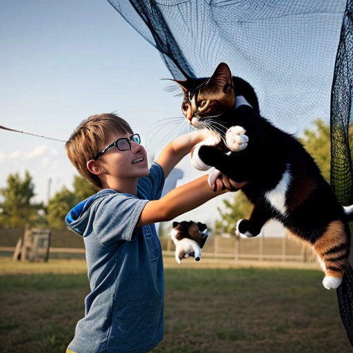 humain en train d'attraper des chats avec un filet
