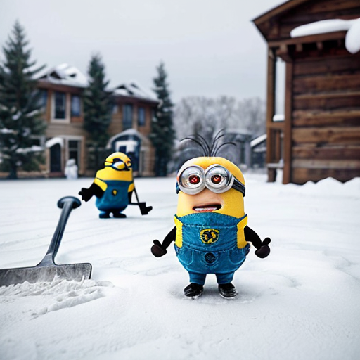 6 elmos in a circle pointing at an angry minion sitting in the middle of the elmos. Outside in the snow. A group of minions with shovels are coming in the background to save the minion.