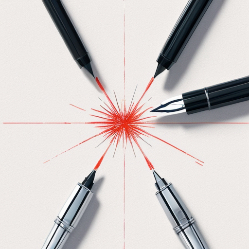 Same top-down view. The red fountain pen moves clockwise, beginning to connect the ink droplets with a thick glossy black line. The ant stays in the center. Ink line is shiny and wet-looking, reflecting light softly. Minimalist white paper background. 2D digital illustration, detailed, realistic textures.
