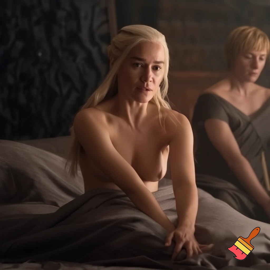 Cersei Lannister and Daenerys Targaryen fighting in bed, Cersei Lannister is is sitting astride Daenerys .both are naked and all sweaty 
