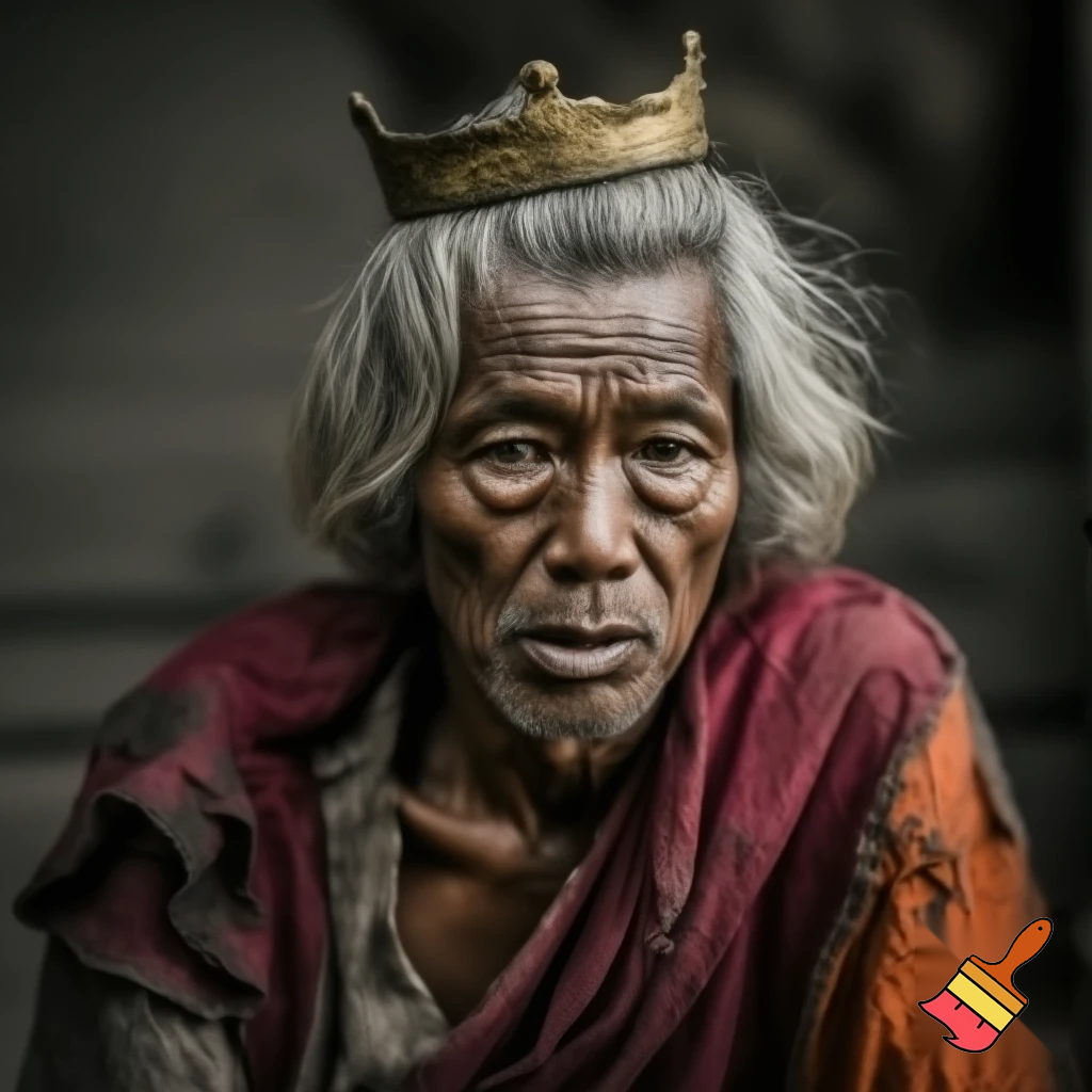 old man wearing maroon with orange robes and a golden crown that sat comfortably on top of his messy white with silver streaks of hair. It looked as it hadn’t been cut for months of washed because of his dirty, filthy clothes.