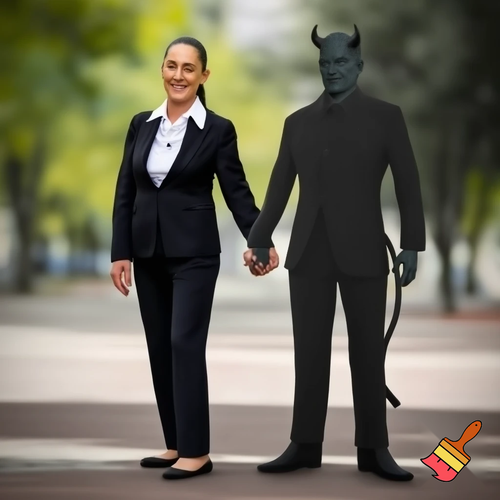 claudia sheinbaum holding hands with the devil and smiling, full body, 