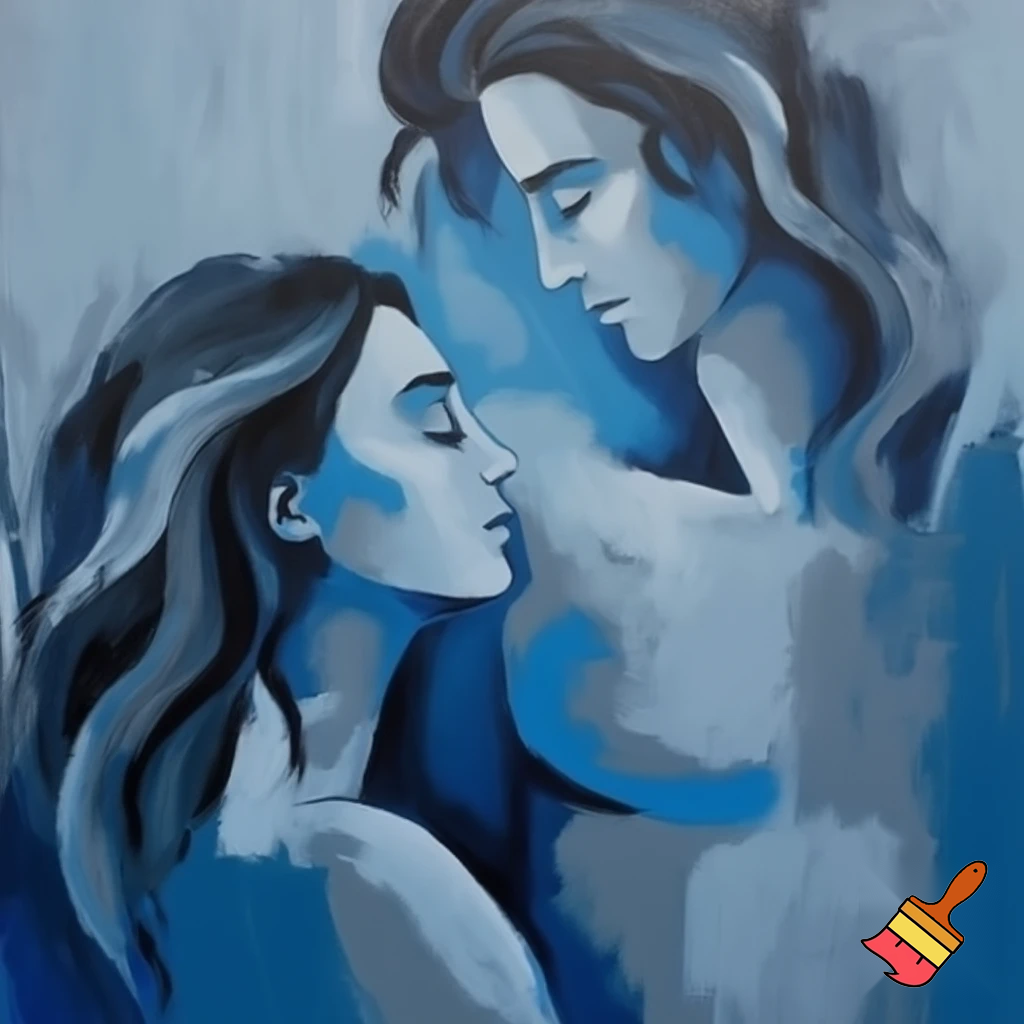 acrylic painting romantic couple man and woman with a long hair love blue and grey modern abstract
