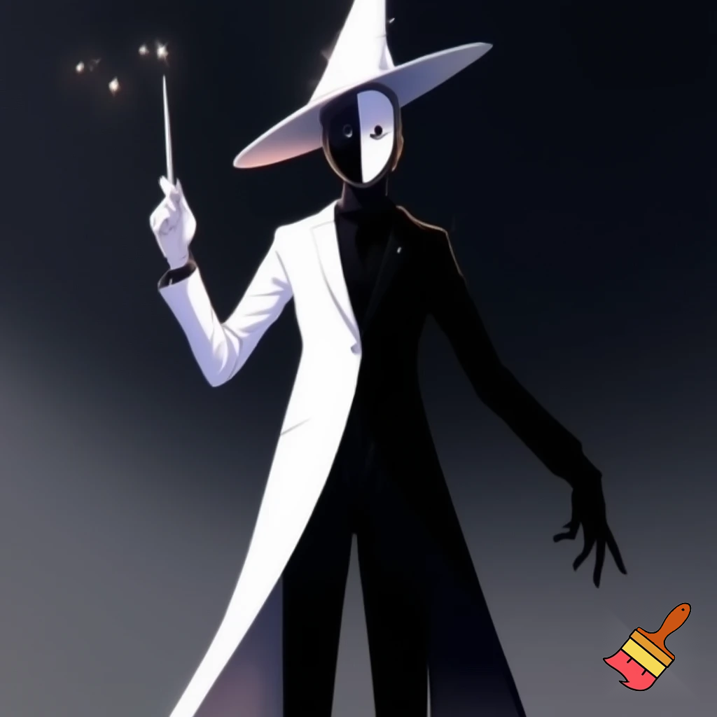 Person with white skin is wearing a white suit on one half of their body and black suit on the other half and half black mask and a wizzed hat and magic wand with black pants and black gloves