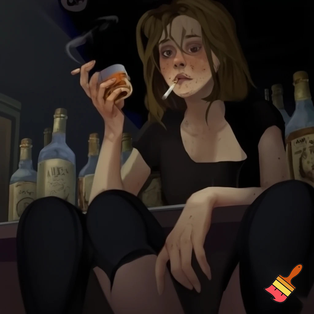 an extremely drunk 26 year old british girl with freckles in her hand and face wearing black leggings and t shirt at a bar with a cup of whiskey in her hand with a cigarette in her mouth and 8 empty bottles of whiskey 