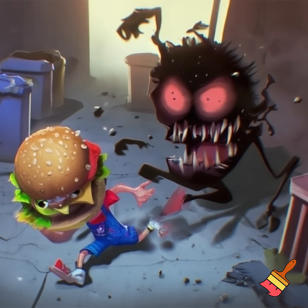 use a small chap eating a massive burger while getting chased by a terrifying monster