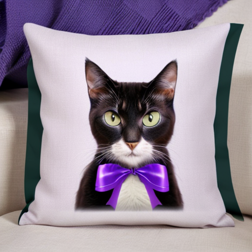 Cat with purple ribbons on a purple pillow on a white background

