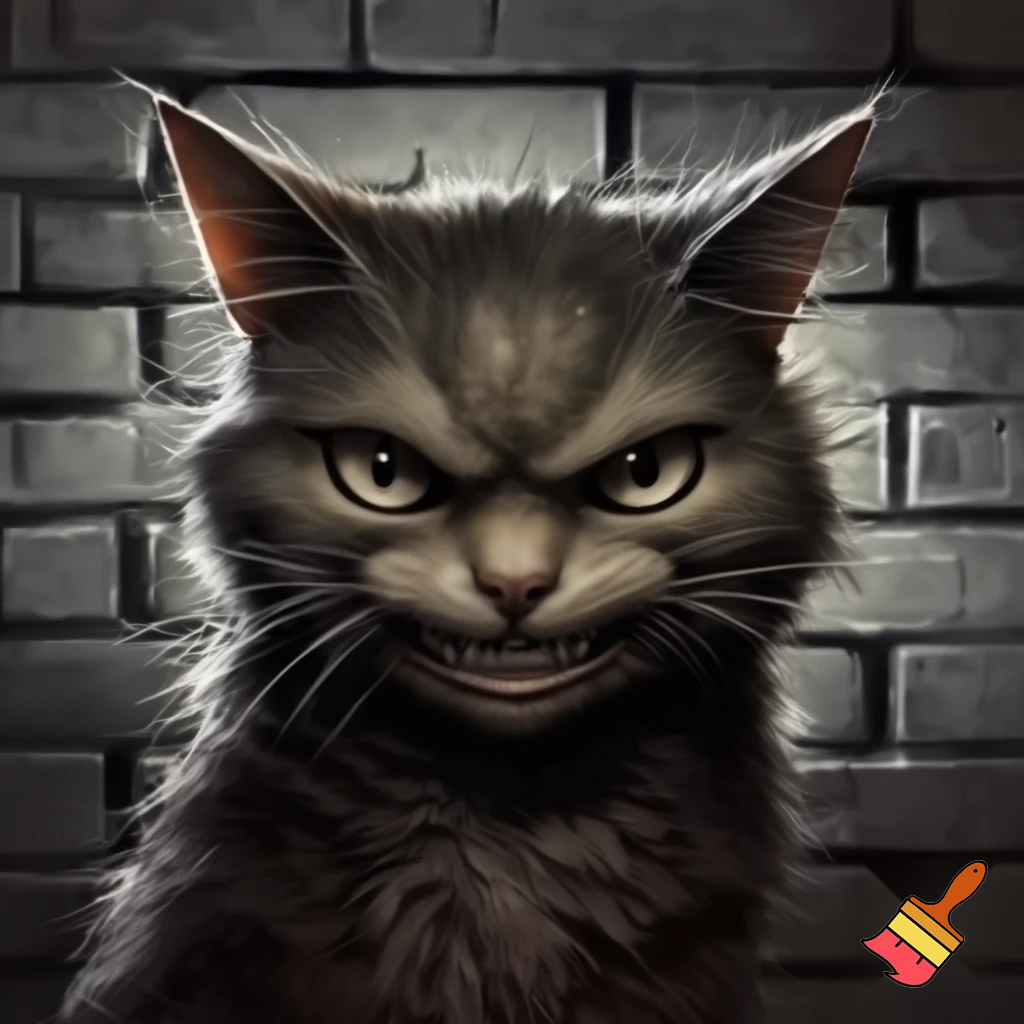 evil, sinister stare with scary smirk mugshot backround scary Feral cat