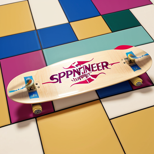 A skateboard deck with “Sprengeler” written on the bottom in calligraphy font. The backdrop shall include Tetris blocks that are being destroyed with atom fragments