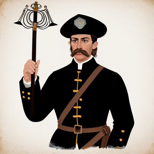 Illustration of a constable (alguacil) from 17th century Spain.
Authority figure, simple uniform, serious expression.
Holding a staff or symbol of justice.
Classic old illustration style.
White background for infographic.

