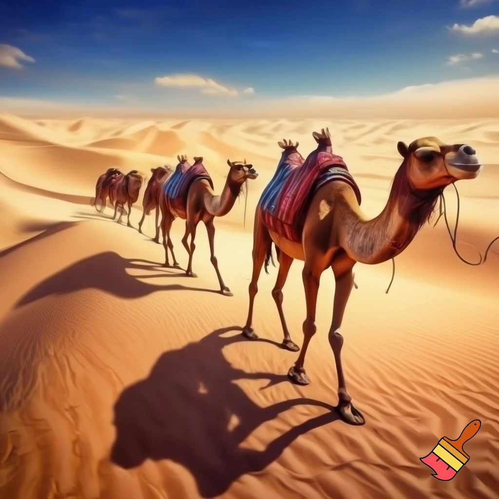 camels crossing the desert