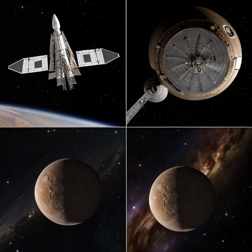 Mostrare l’astronave dall’esterno nello spazio profondo, includendo **due viste nella stessa immagine** (ad esempio vista a tre quarti e vista laterale o dall’alto).  
> L’astronave deve apparire piccola e agile, con fusoliera aerodinamica, propulsori posteriori luminosi, antenne e dettagli funzionali, finestrini panoramici.  
> Illuminazione cinematografica, riflessi realistici sulla scocca, stelle e un pianeta sullo sfondo per dare scala, resa ultra-dettagliata, qualità 4K.