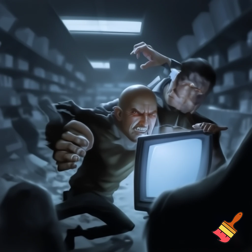 bald man fighting a man over a tv on black friday

