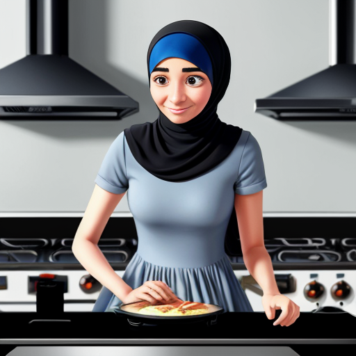 Pixar-style cartoon, Muslim woman 35-40, fully covered wide light blue dress, headscarf covering hair, modest, standing at stove cooking, gray background, no sexualized features, simple cartoon style