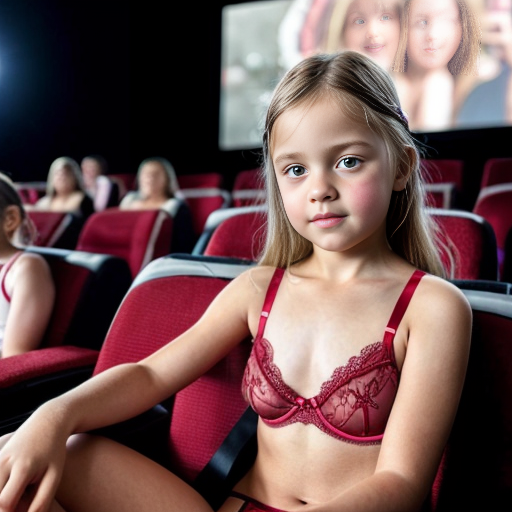 Genera la imagen de 10 niñas rubias de 8 años vestidas con lenceria roja y negra y rosa y blanca, sentadas cada una acompañada de su padre en una sala de cine