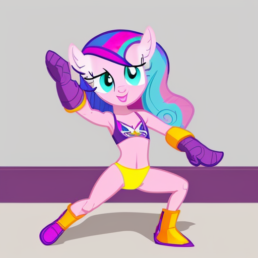 My Little Pony: Equestria Girls characters Rarity, wearing a Purple Bikini to karate pose in hotel room