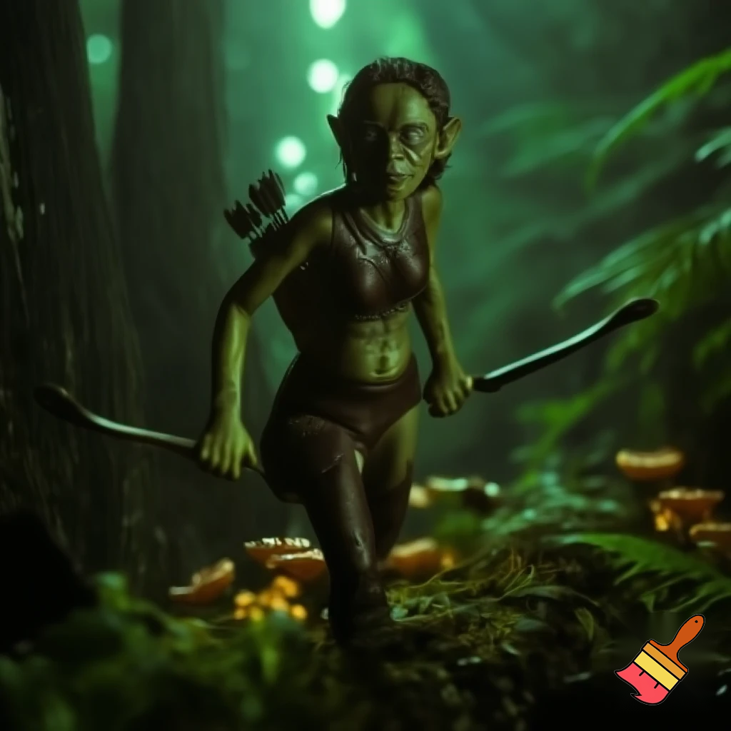 ambientazione fantasy, una ranger goblin femmina si aggira cauta tra le piante di un bosco misterioso