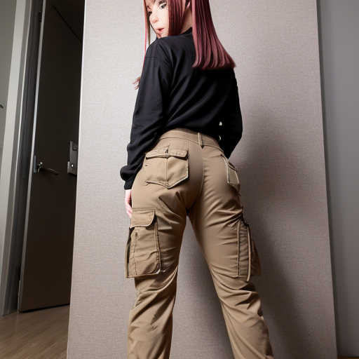 a anime girl with beige cargo pants turned around



