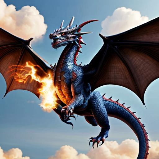 Draw me a mythological dragon flying through the sky above a village, breathing fire on the houses