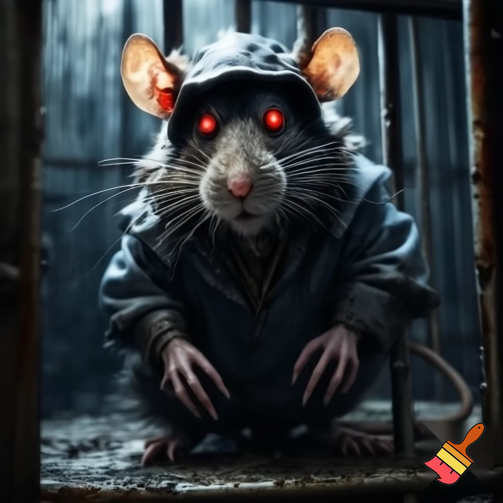 Evil red eyed rat criminal in prison uniform red eyes